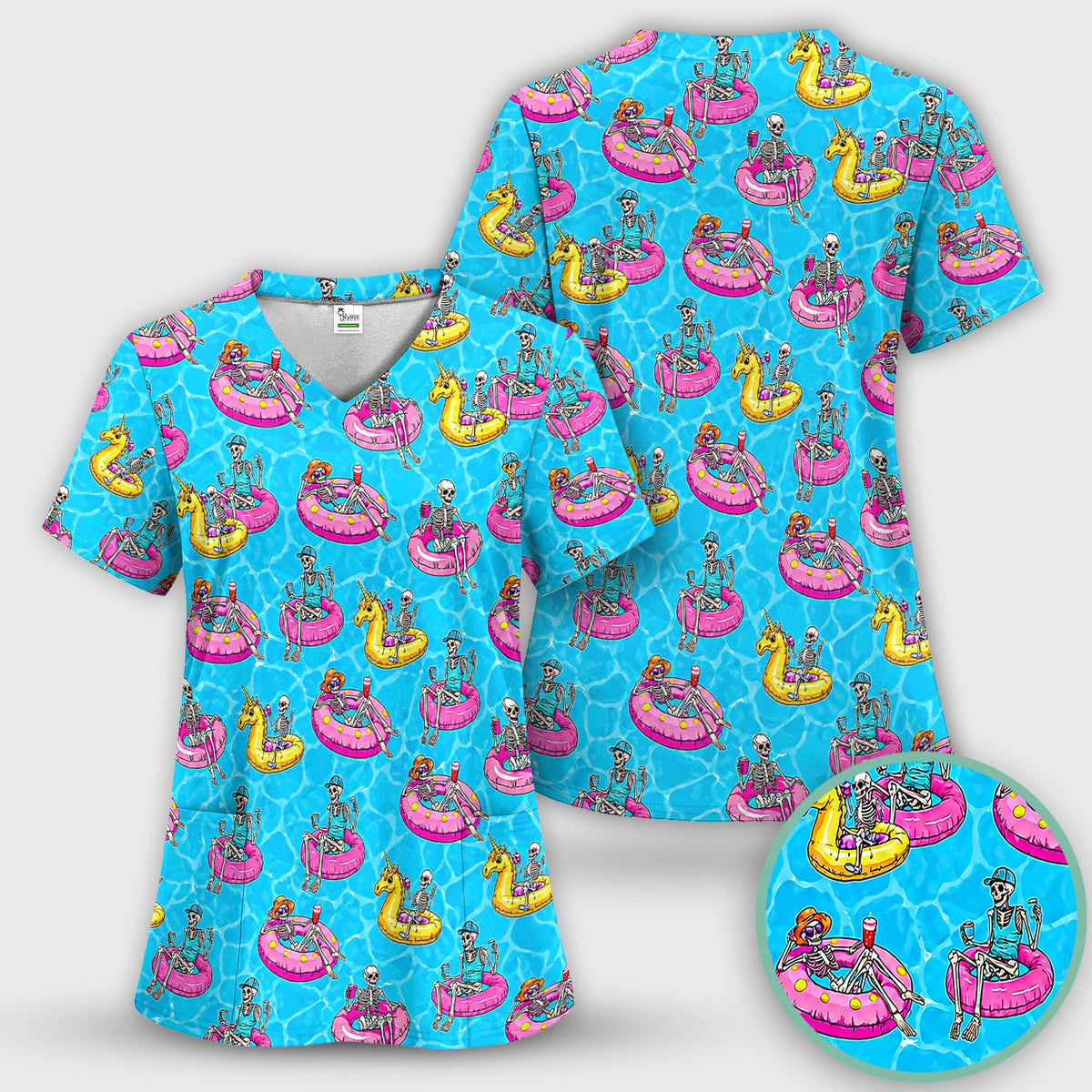 Summerween Skeleton Pool Float Nurse Scrub Top