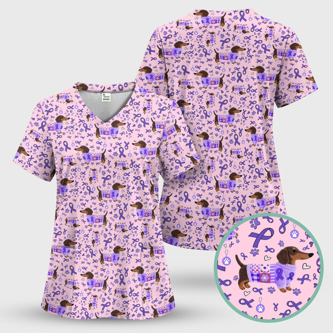 Purple Ribbon Dachshund Nurse Scrub Top