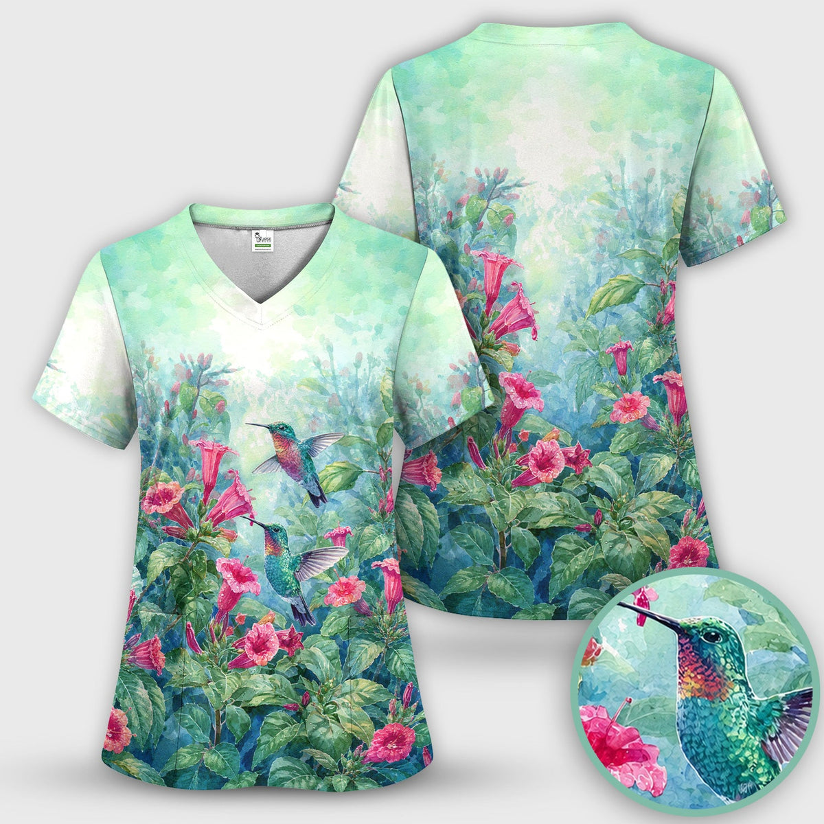 Vintage Hummingbird Floral Garden Nurse Scrub Set