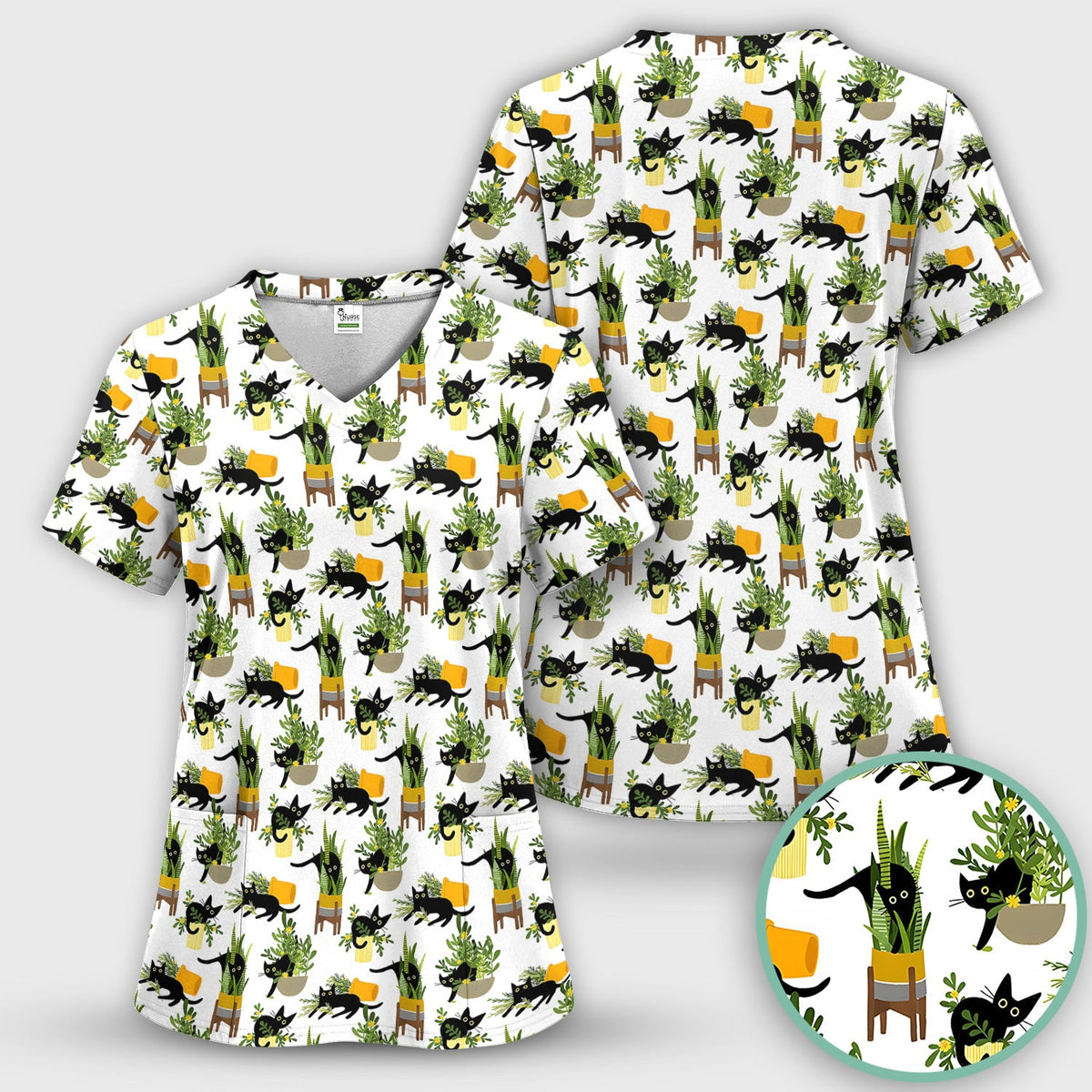 Black Cat Plant Pots Nurse Scrub Top
