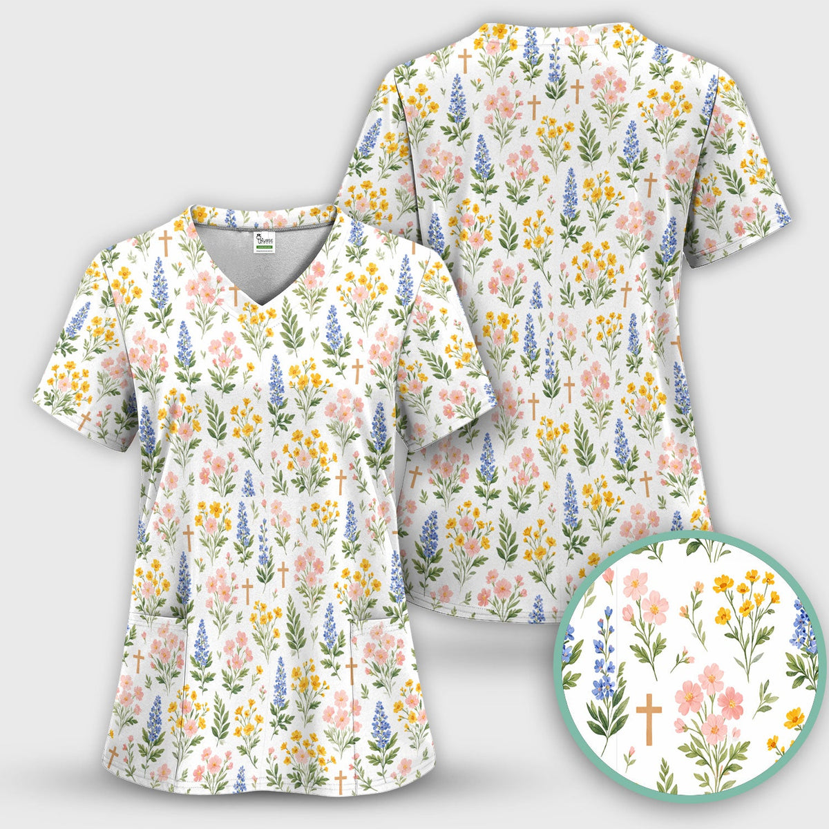 Pastel Floral Cross Nurse Scrub Top