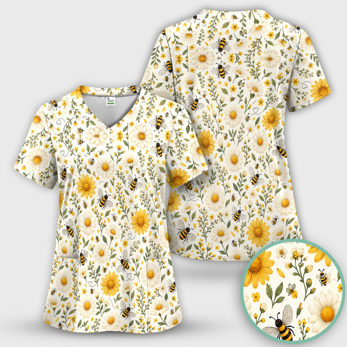 Honey Bee Daisy Nurse Scrub Top