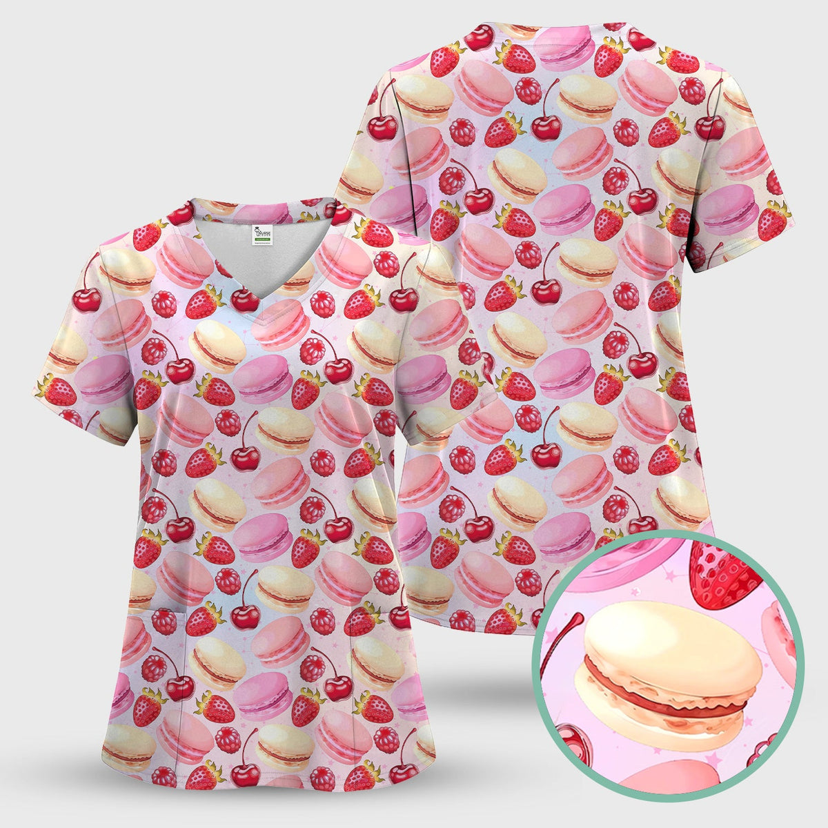 Sweet Dessert Pattern Scrub Set, Scrub Pants and V Neck Top