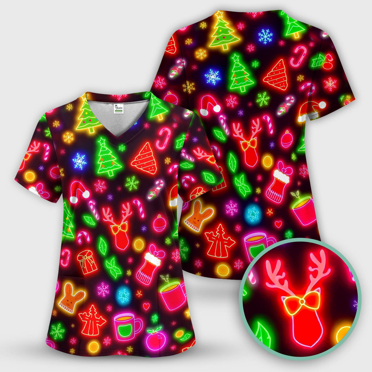 Neon Reindeer Nurse Scrub Top