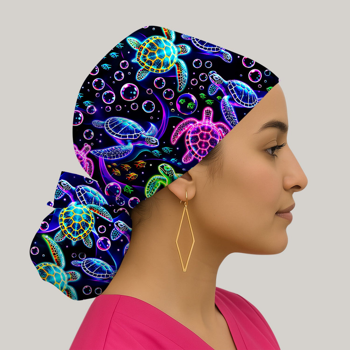 Neon Sea Turtle Bubble Nurse Scrub Cap