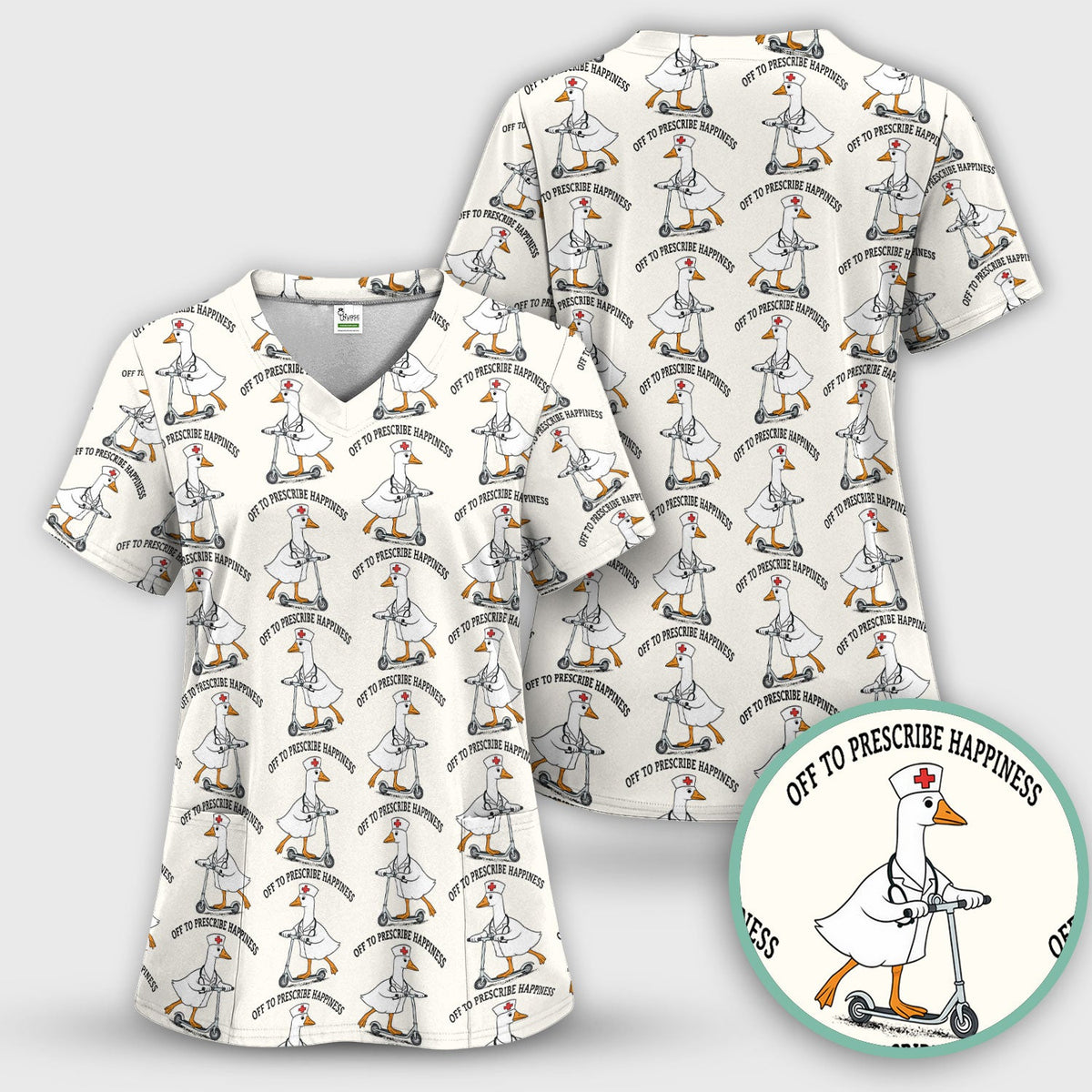 Nurse Goose Scooter Print Scrub Set, Breathable Med Uniform