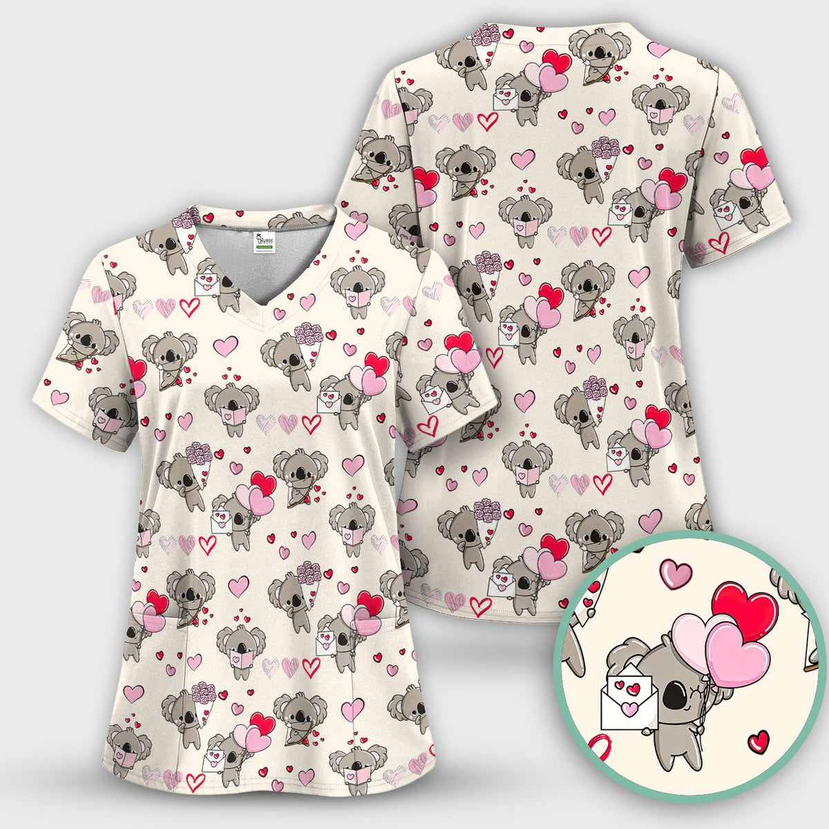 Valentine Koala Holding Flowers Cute Print Scrub Top, Comfortable Scrubs for Nurses