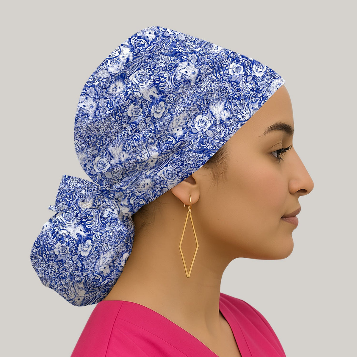 Blue Toile Opossum Floral Scrub Cap