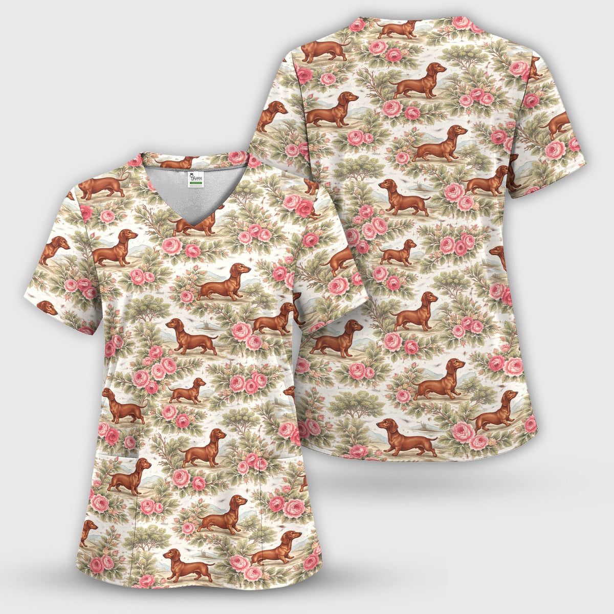 Vintage Dachshund Rose Floral Nurse Scrub Set
