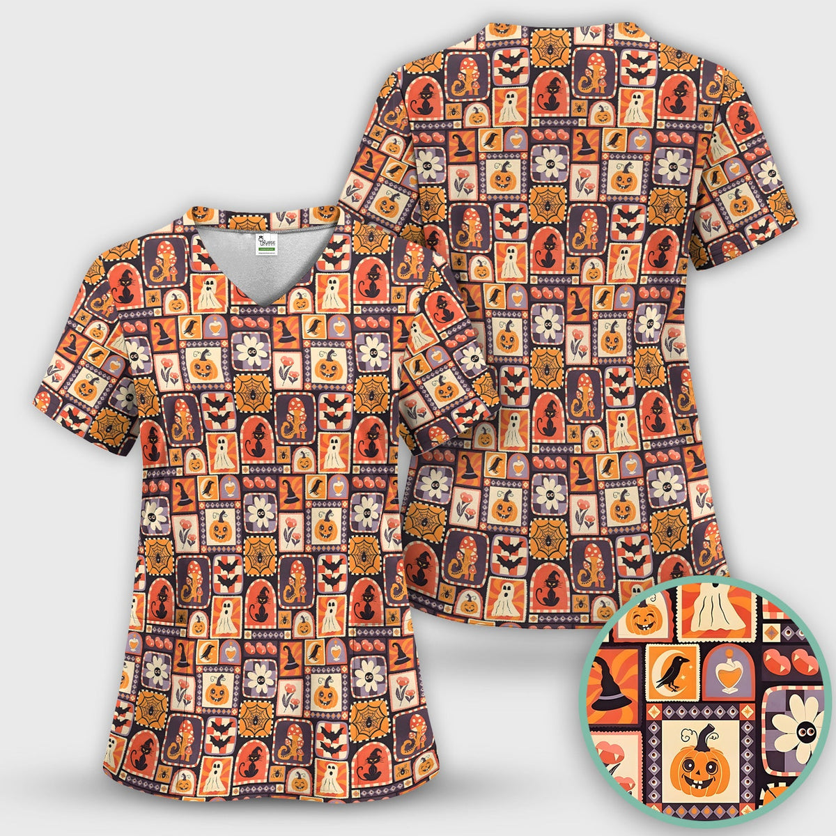 Retro Halloween Patchwork Nurse Scrub Set
