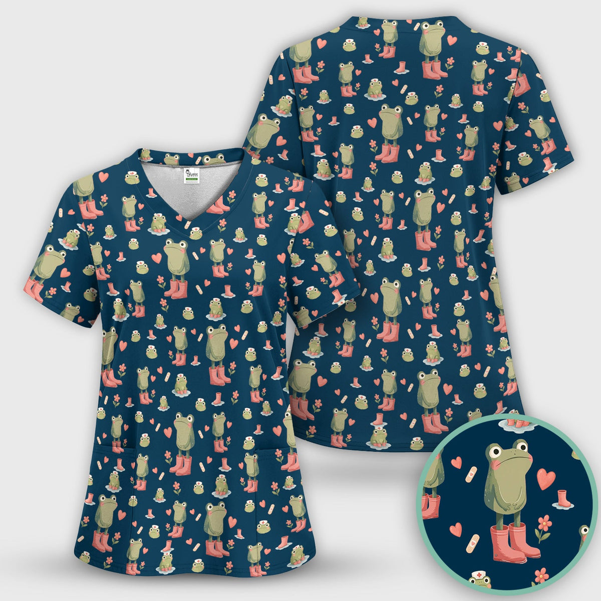 Adorable Frog Boots Heart Nurse Scrub Set