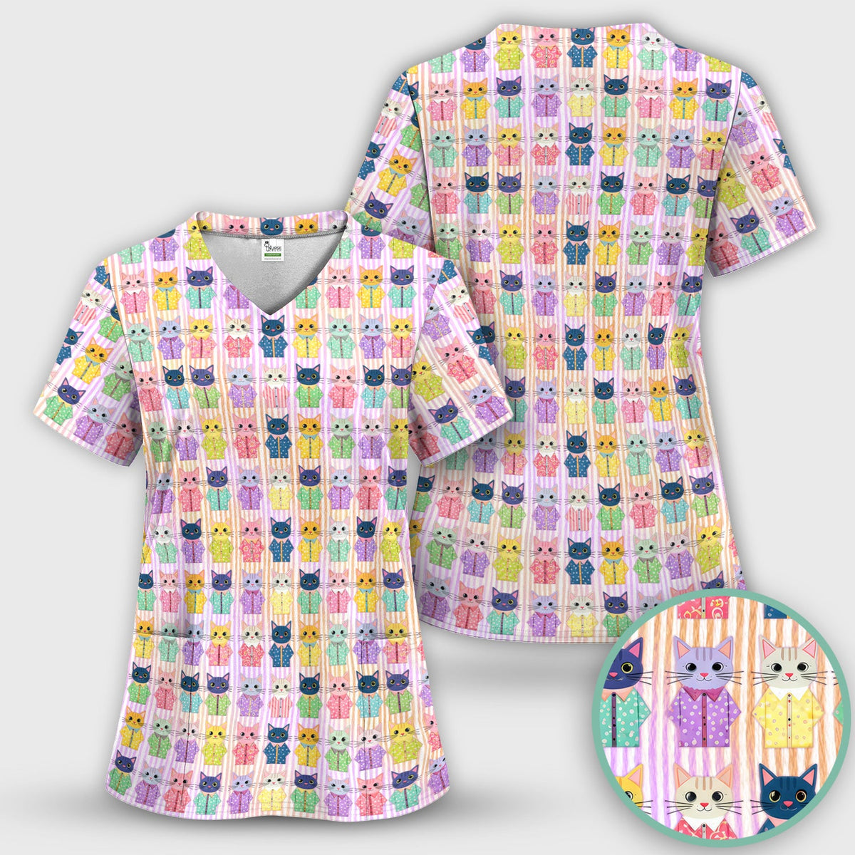 Cat Pajama Print Nurse Scrub Top