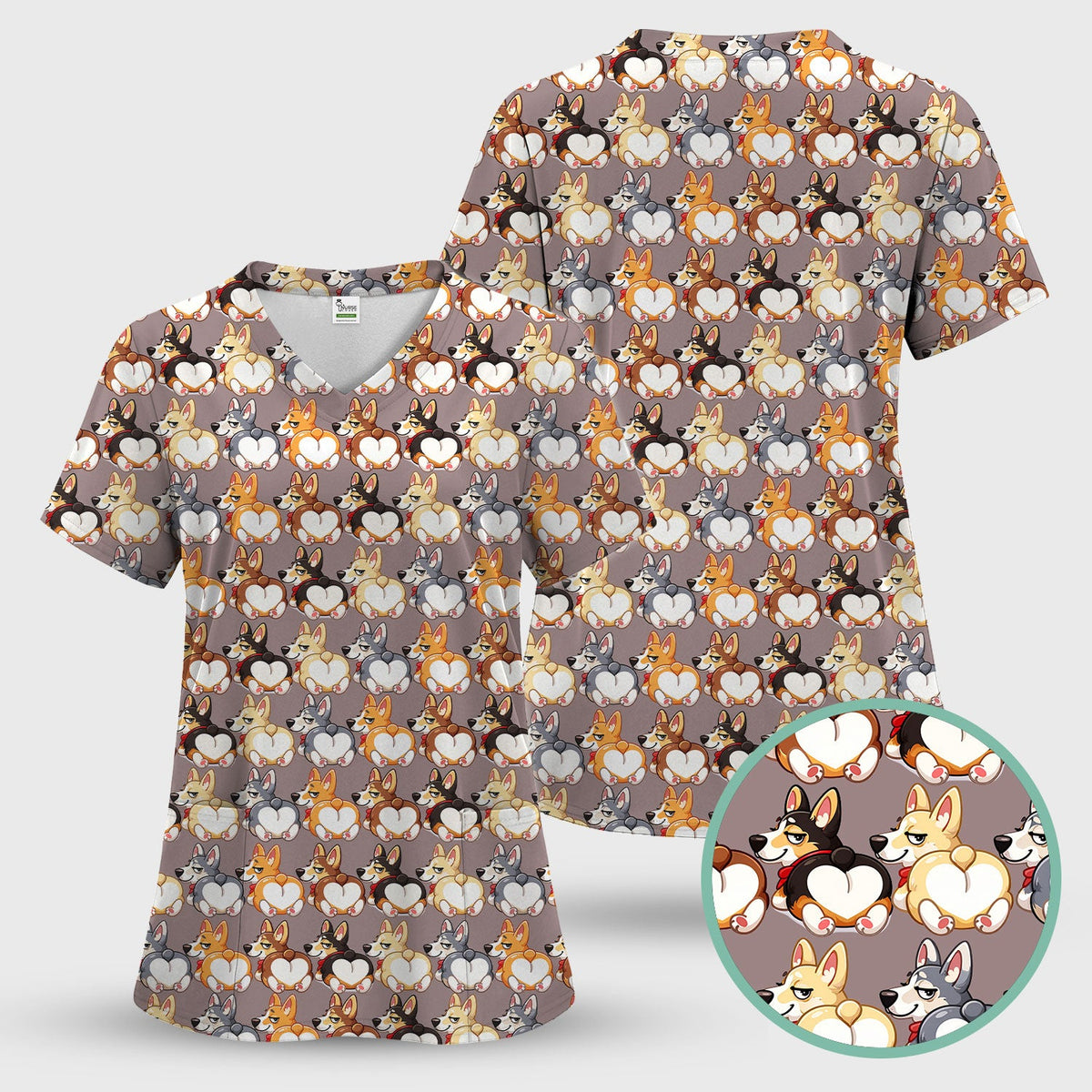 Corgi Cartoon Nurse Scrub Top