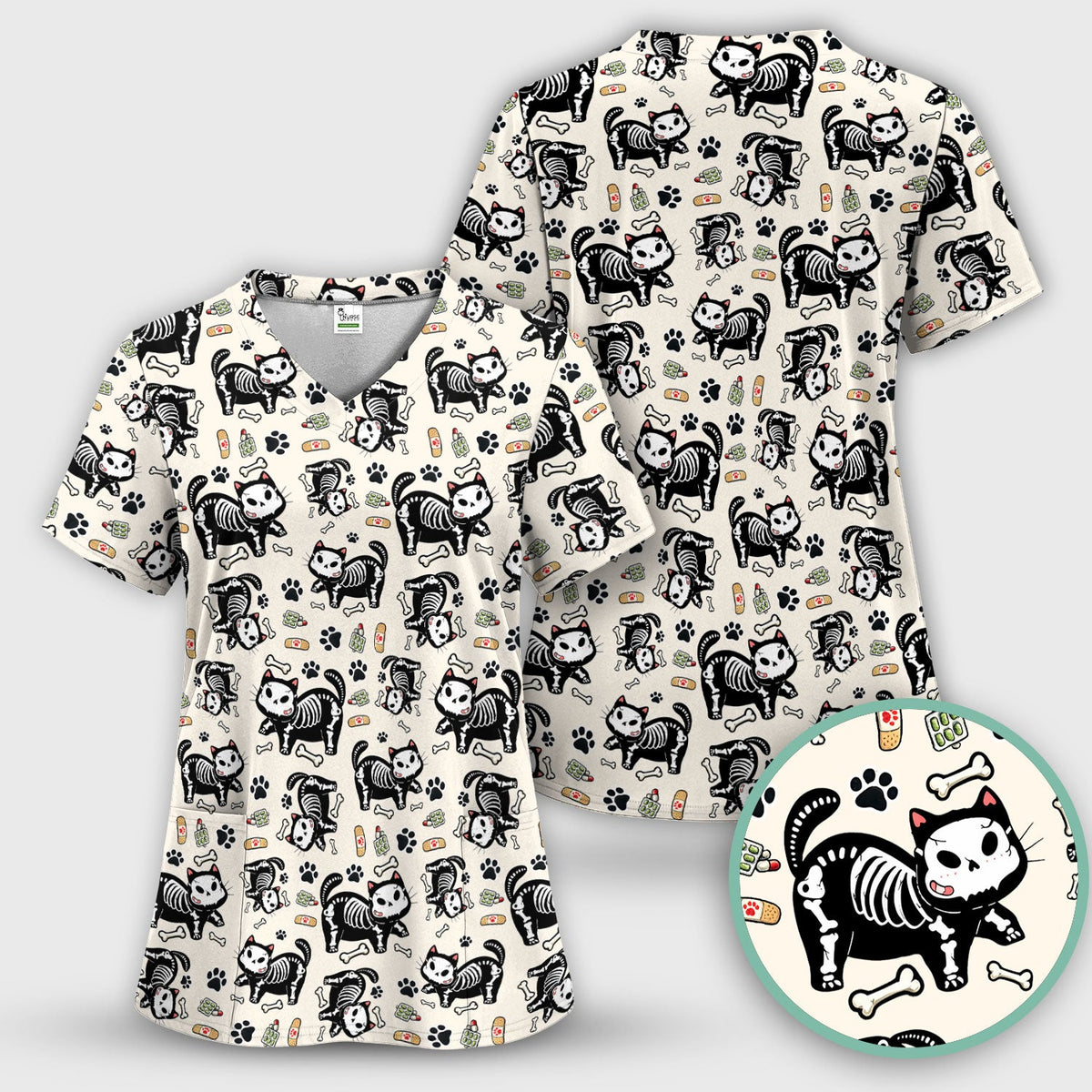 Skeleton Cat Medical Pattern Scrub Top, Comfortable Scrubs for Nurses