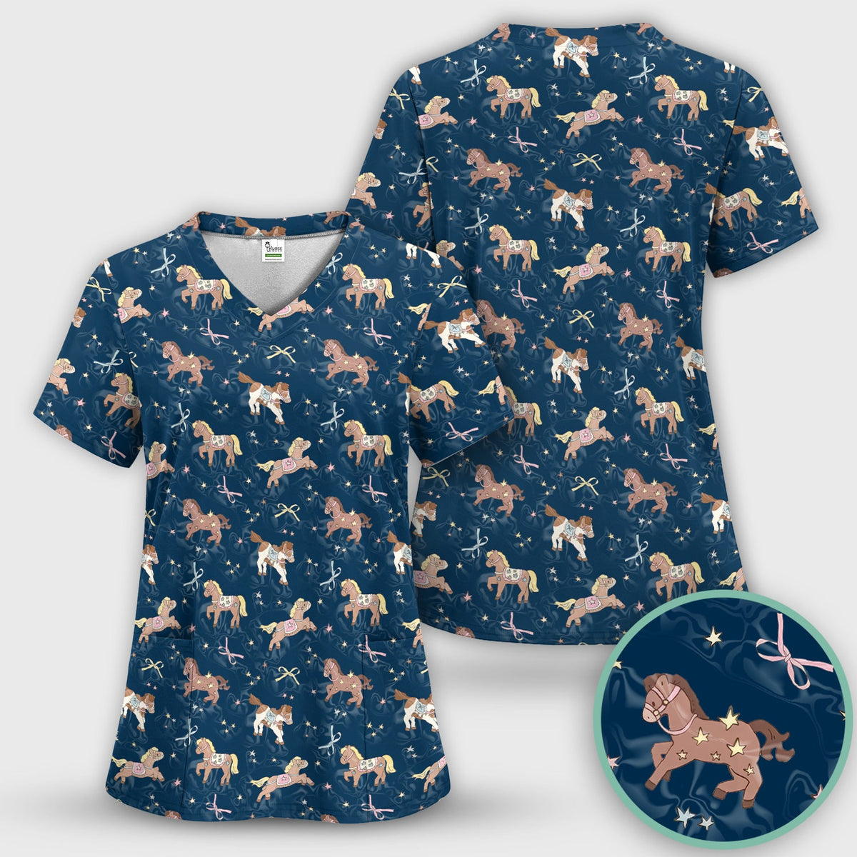 Cute Pony Star Pattern Scrub Set, Breathable Med Uniform