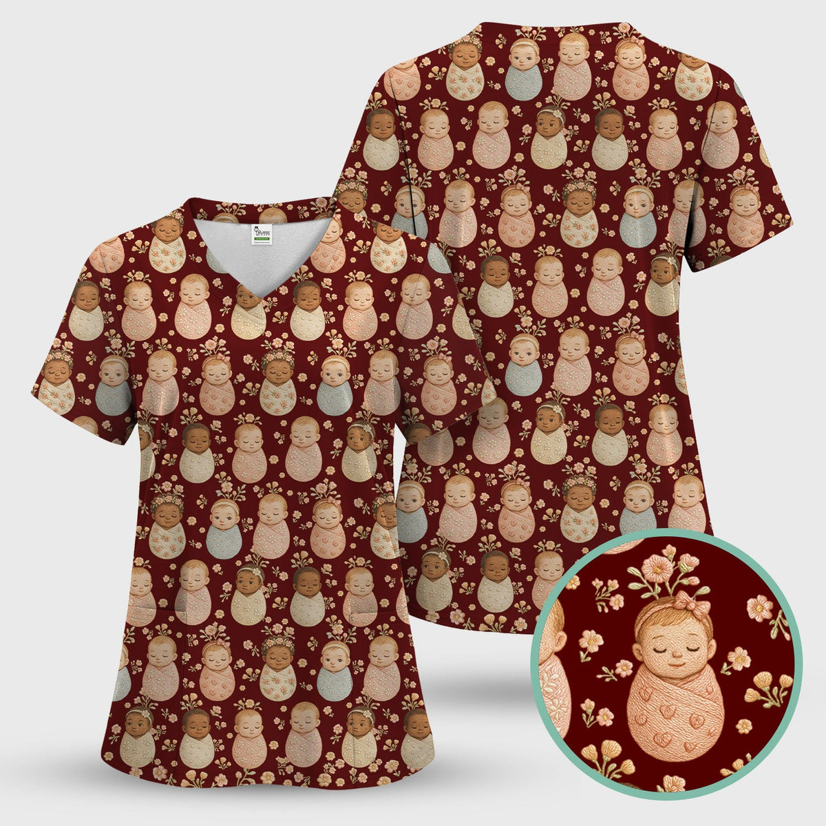 Sweet Newborn Baby Floral Print Women's Scrub Set, Breathable Med Uniform
