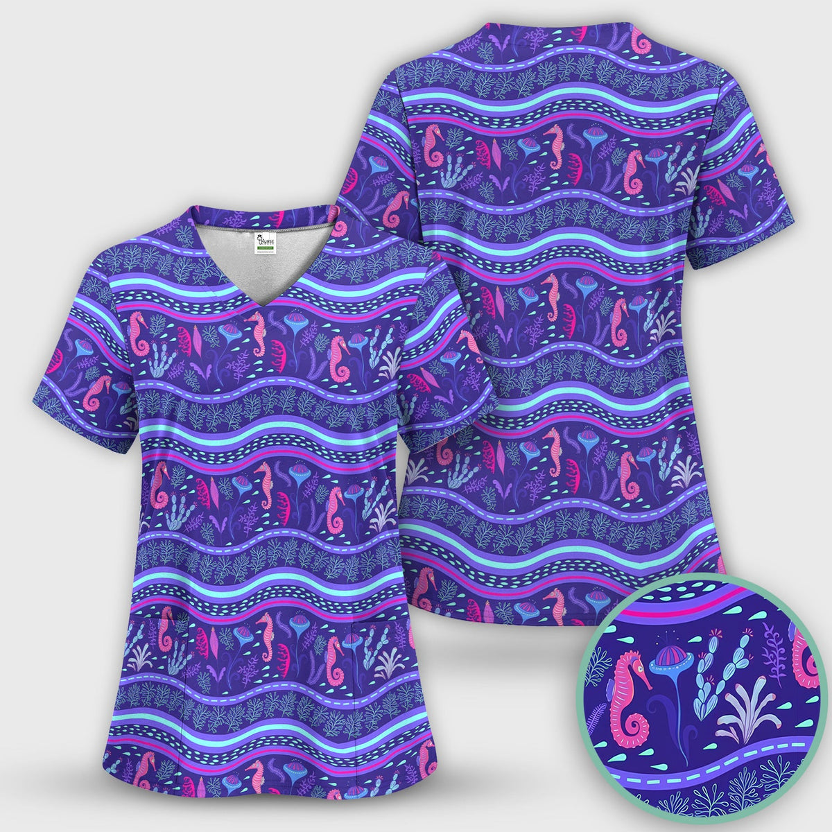 Purple Seahorse Ocean Pattern Nurse Scrub Top