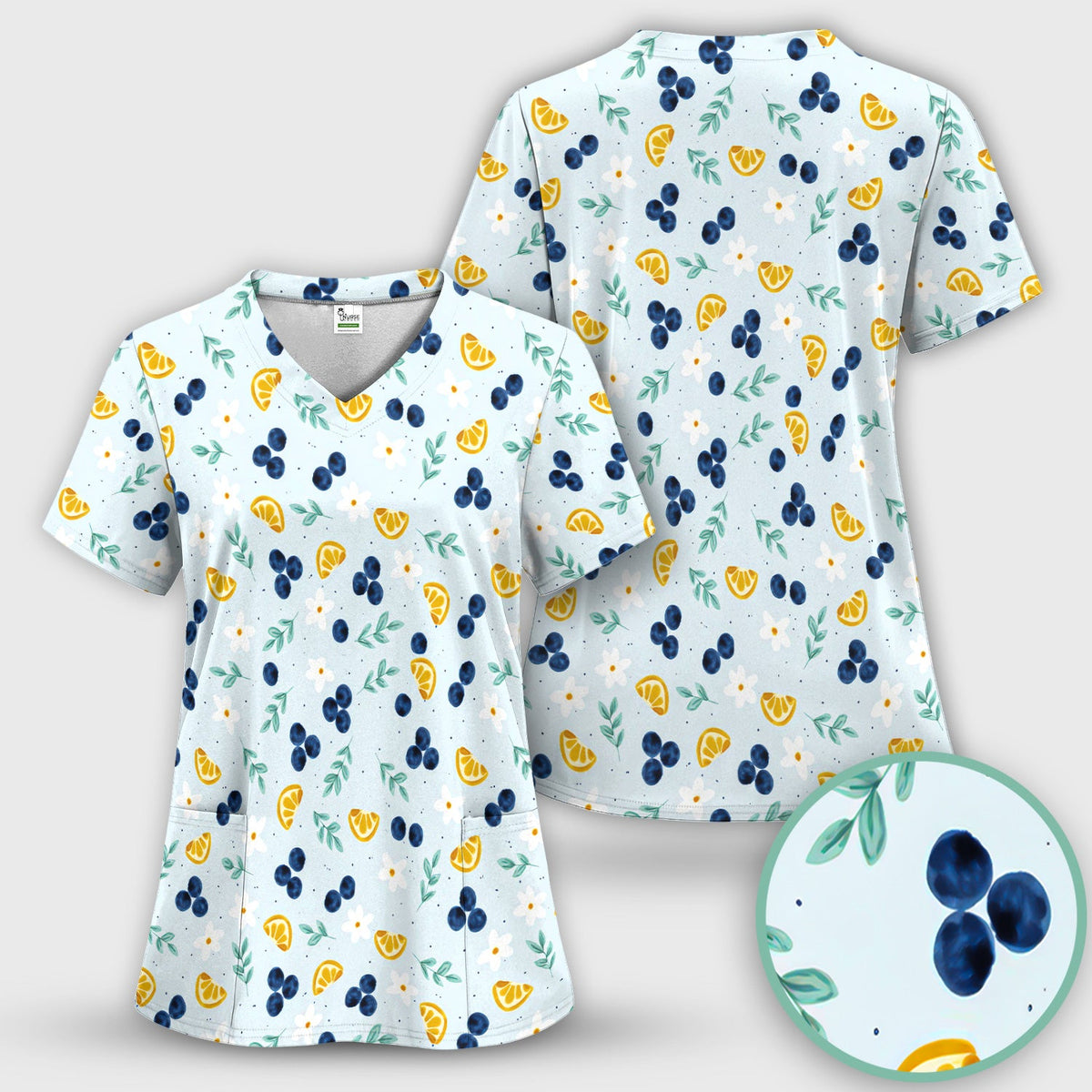 Blueberry Lemon Daisy Nurse Scrub Top