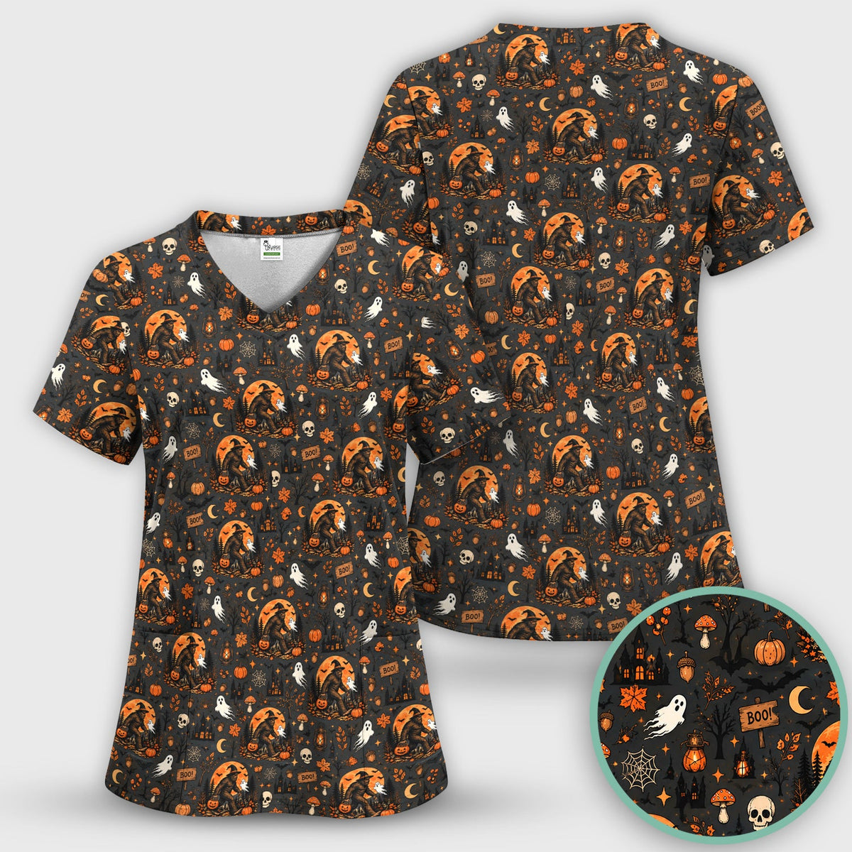 Bigfoot Ghost with Pumpkin Nurse Scrub Set - Halloween Gift