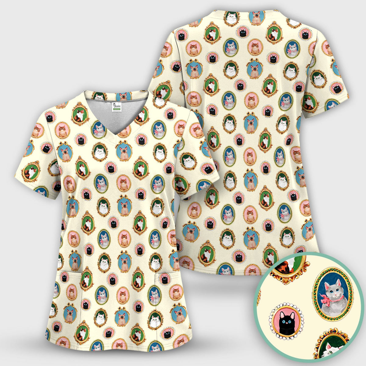 Vintage Cat Portrait Nurse Scrub Top