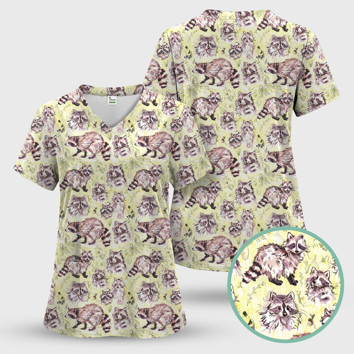 Woodland Raccoon Forest Nurse Scrub Top