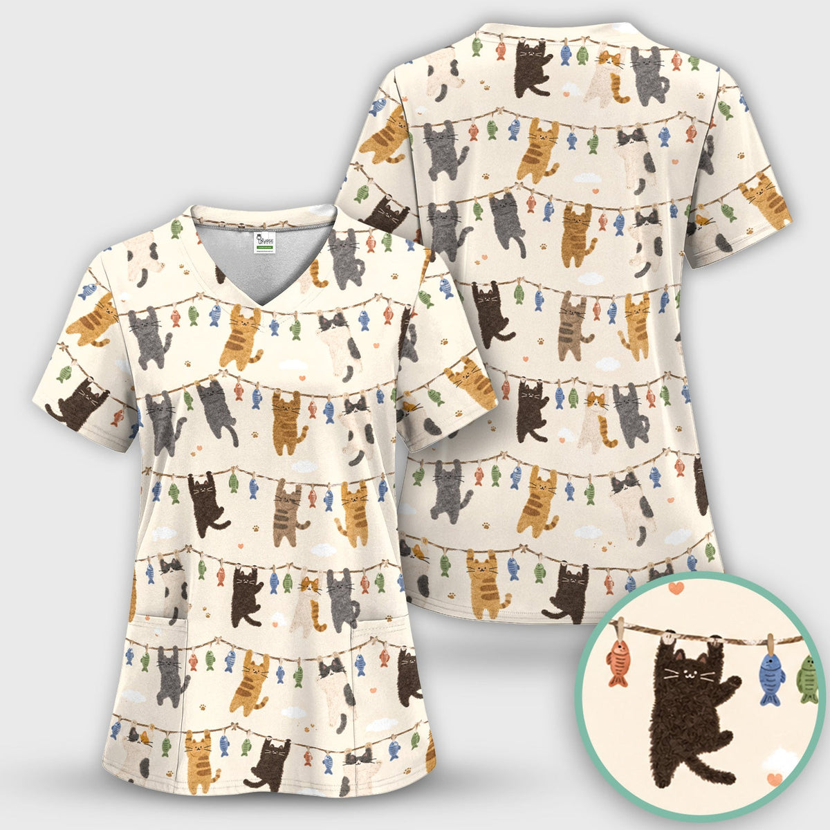 Hanging Cat Fishline Nurse Scrub Top
