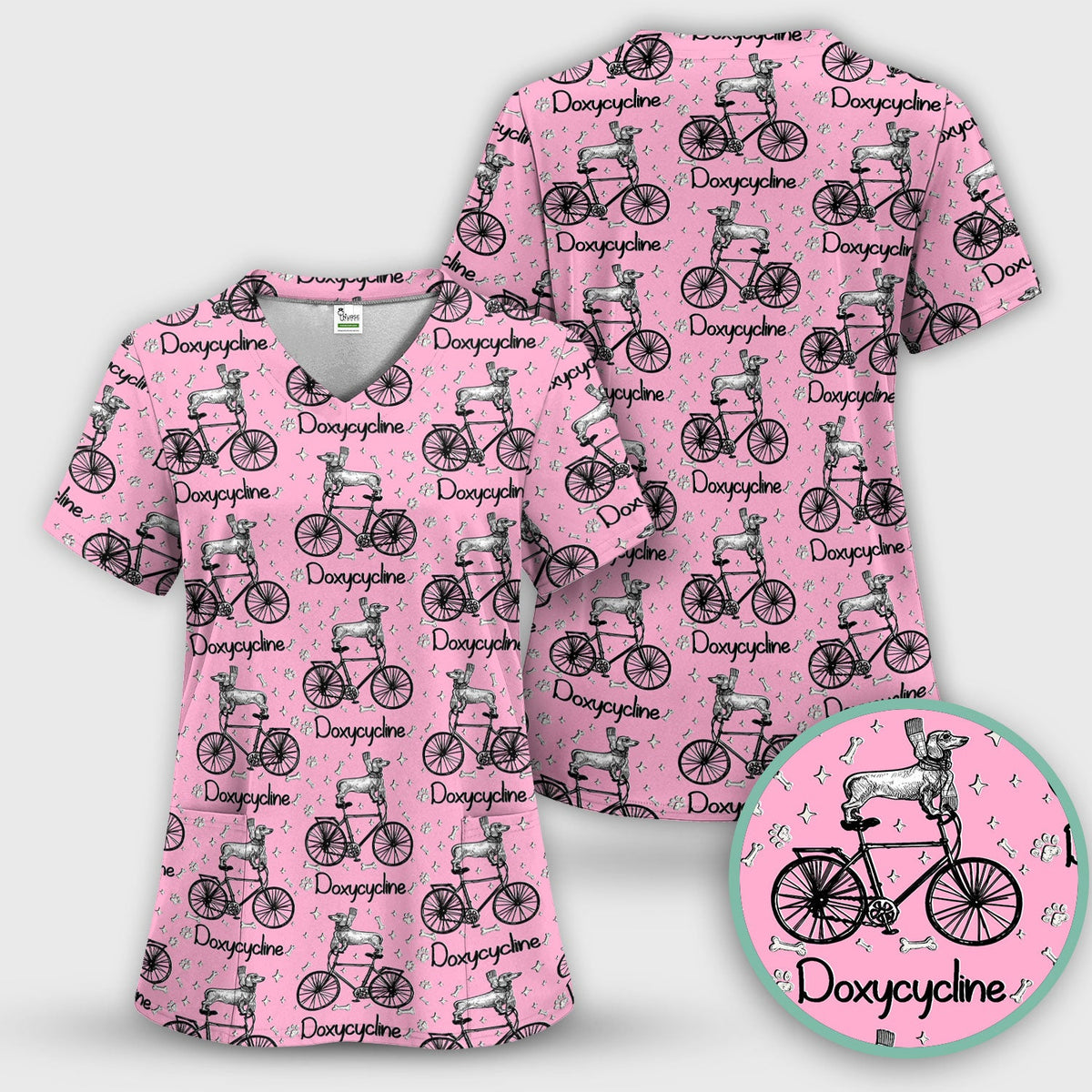Funny Doxycycline Dog Bicycle Print Scrub Top, Comfortable Scrubs for Nurses