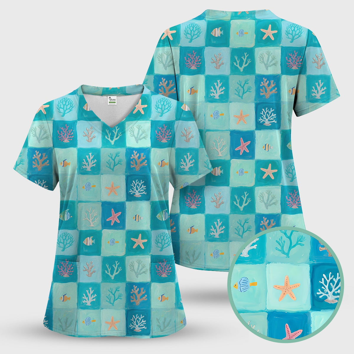 Ocean Coral Fish Checkered Nurse Scrub Top