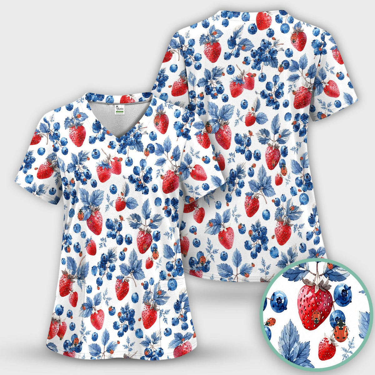 Strawberry Blueberry Ladybug Nurse Scrub Top