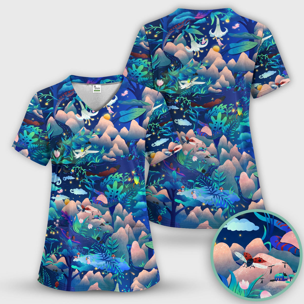 Whimsical Mountain Bug Nurse Scrub Top