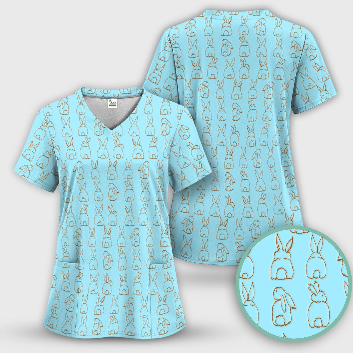 Cartoon Bunny Line Art Nurse Scrub Top - Easter Gift