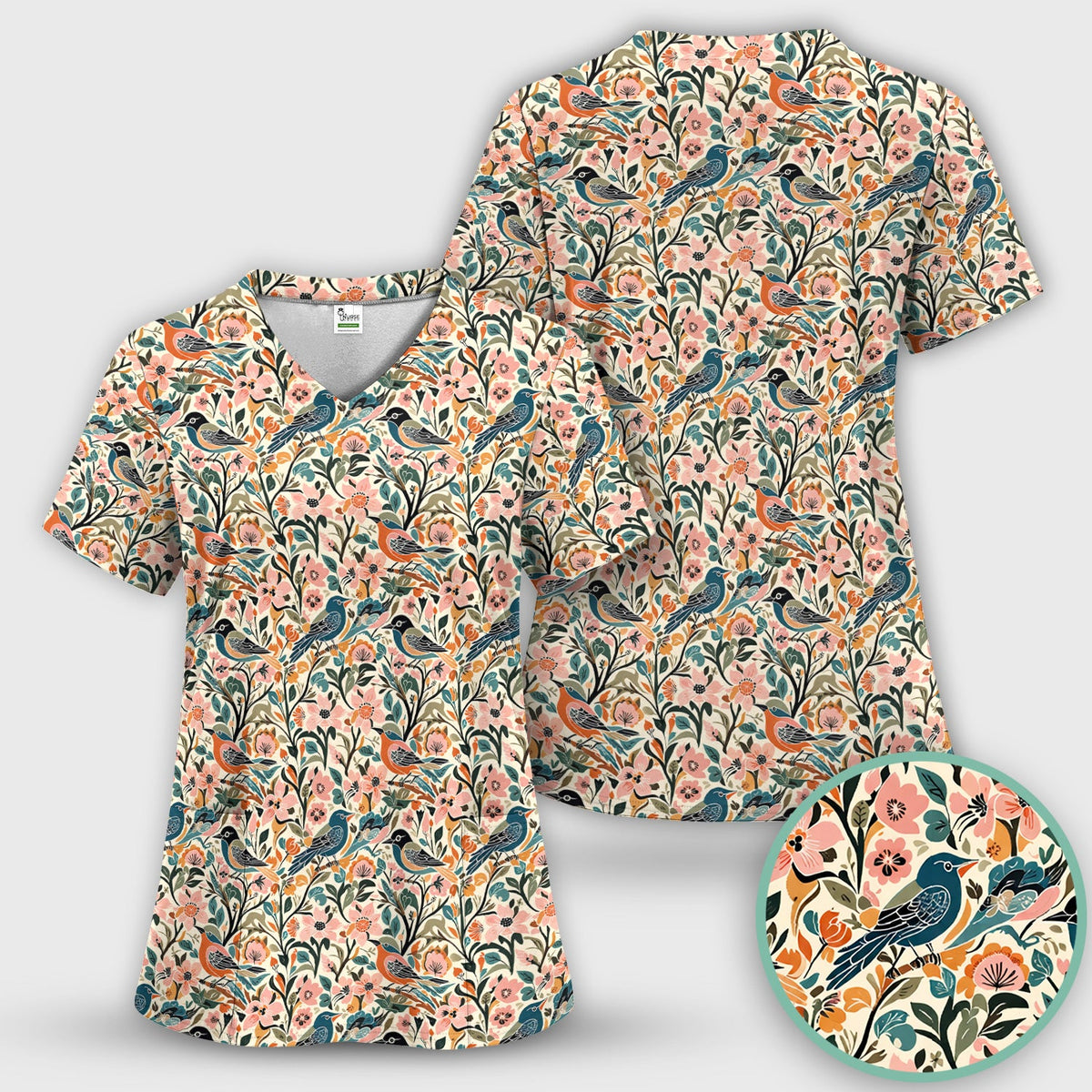 Folk Art Songbird Floral Nurse Scrub Top