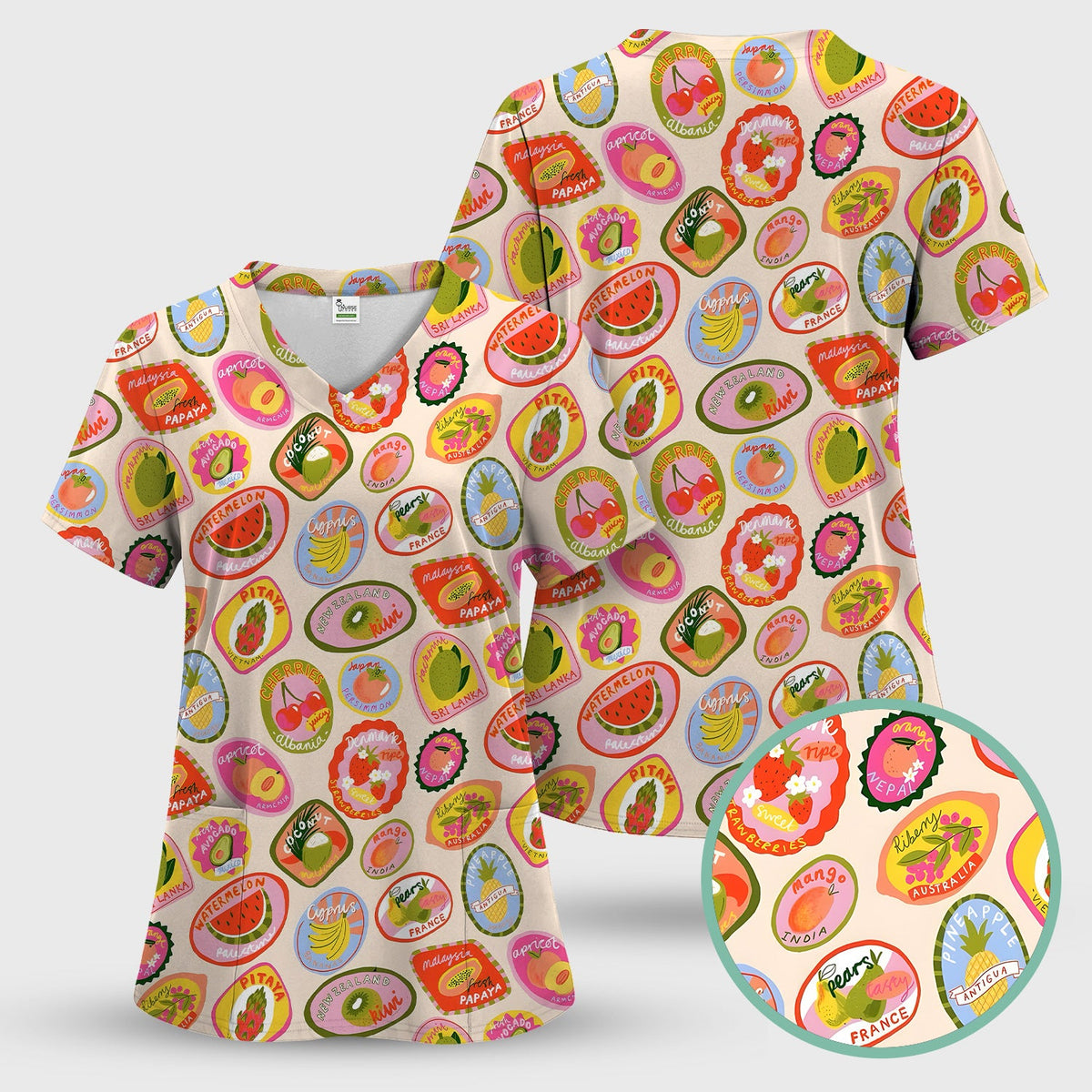 Summer Colorful Fruit Sticker Nurse Scrub Top