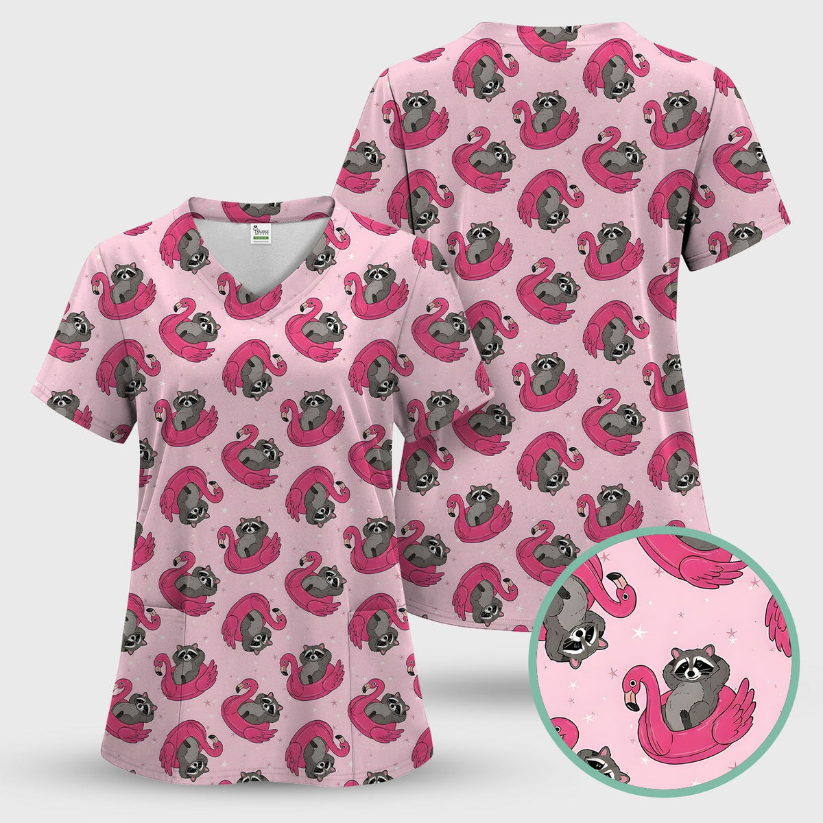 Raccoon Flamingo Float Nurse Scrub Set