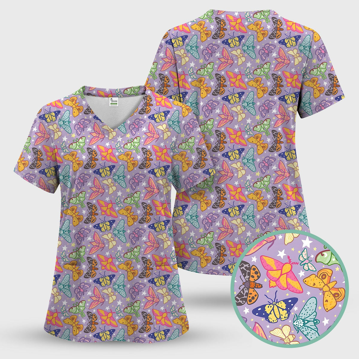 Colorful Butterfly Moth Nurse Scrub Top
