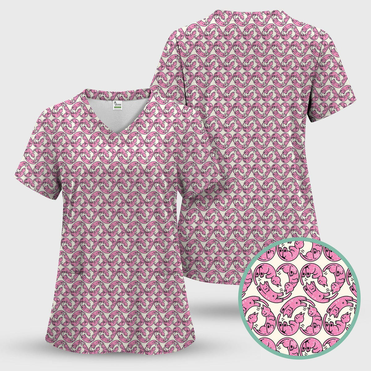 Pink Cat Cartoon Nurse Scrub Top