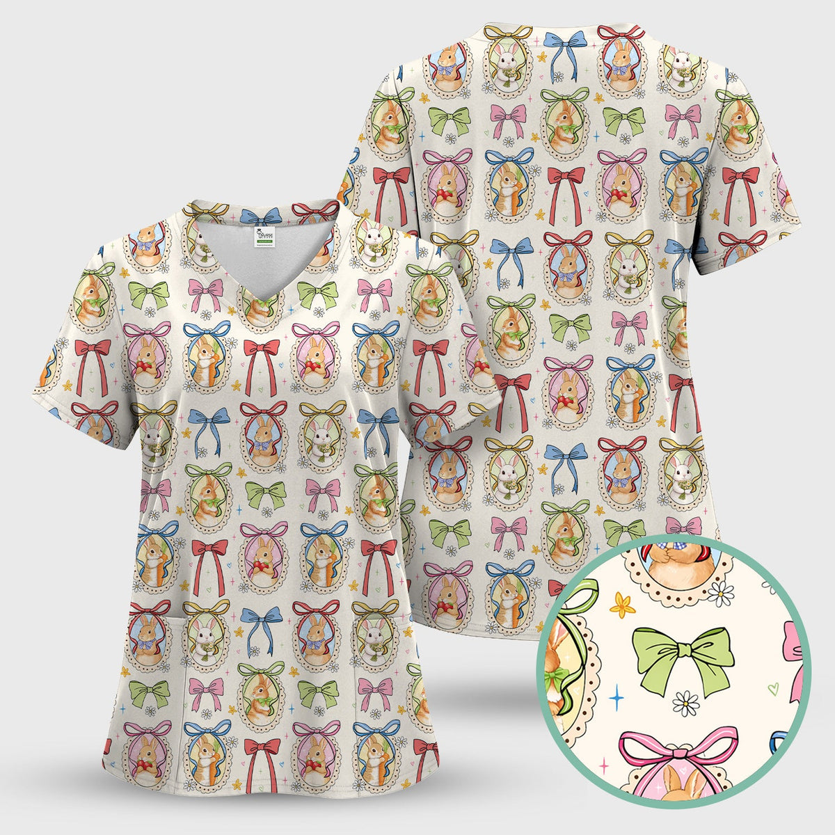 Bunny Cameo Bow Nurse Scrub Top - Easter Gift