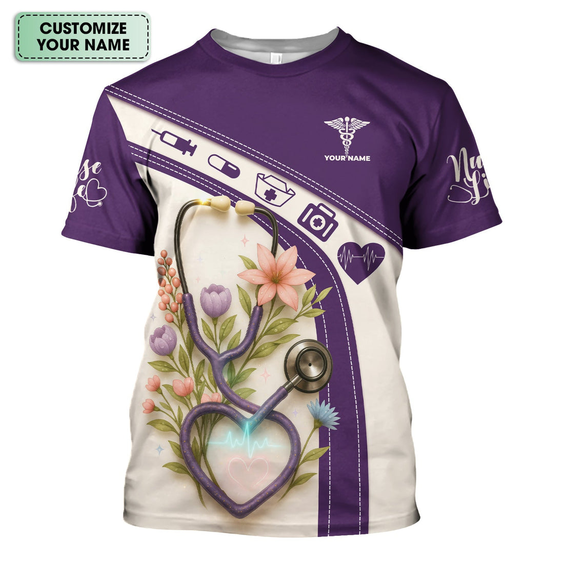 Personalized Floral Stethoscope Purple Heart Nurse Scrub Top