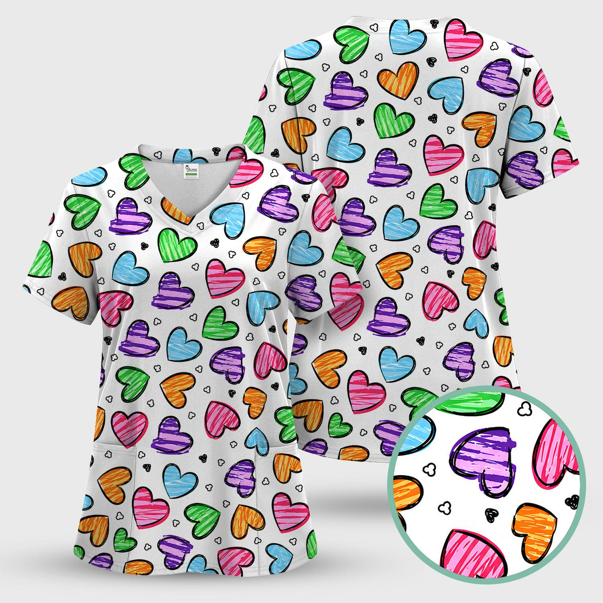 Colorful Doodle Heart Nurse Scrub Set