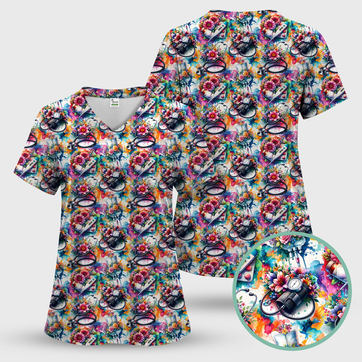 Colorful Medical Tools Floral Nurse Scrub Set