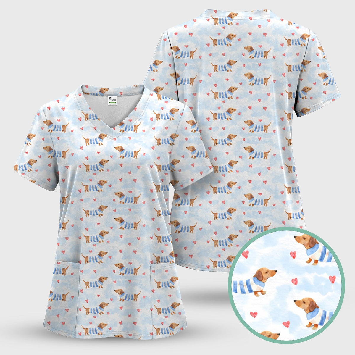 Sweet Dachshund Pink Hearts Nurse Scrub Set