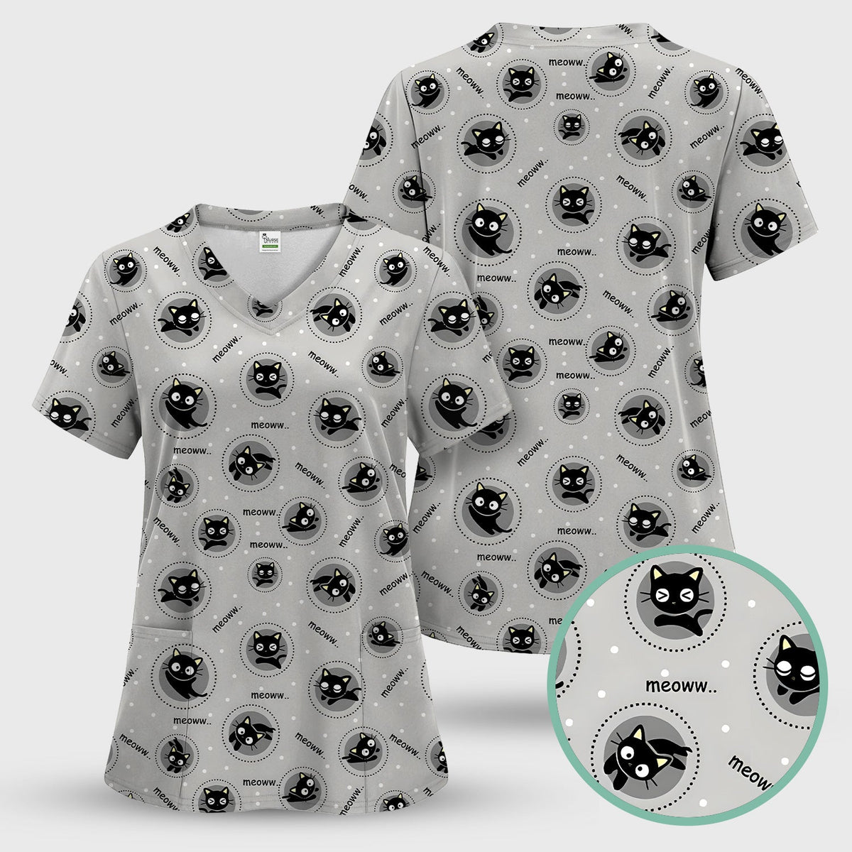 Black Cat Meow Nurse Scrub Top