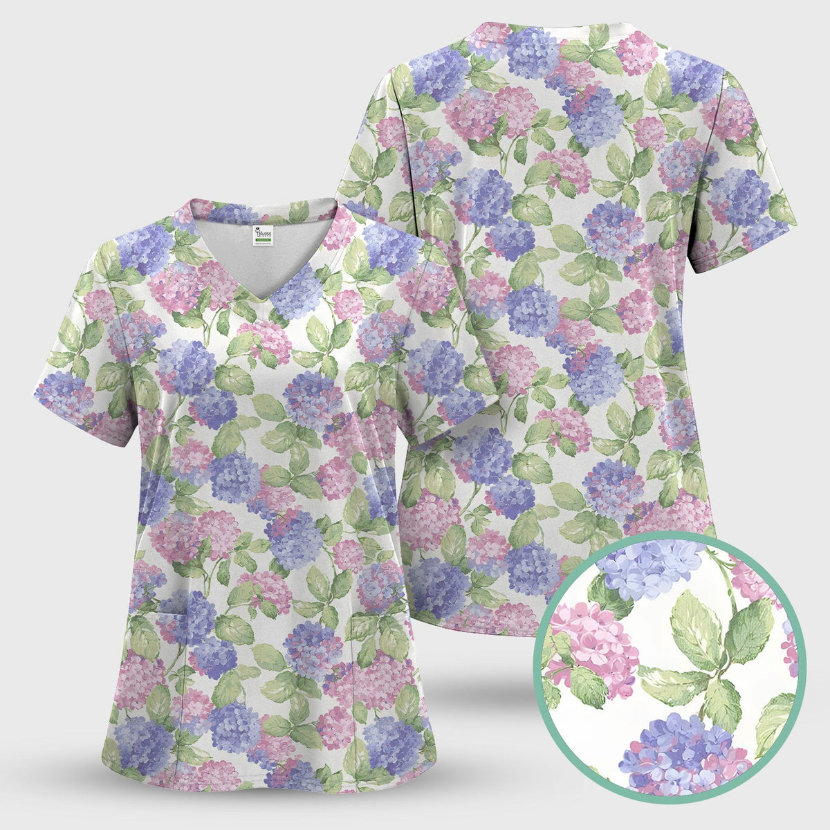 Soft Pastel Watercolor Hydrangea Floral Pattern Scrub Top, Comfortable Scrubs for Nurses