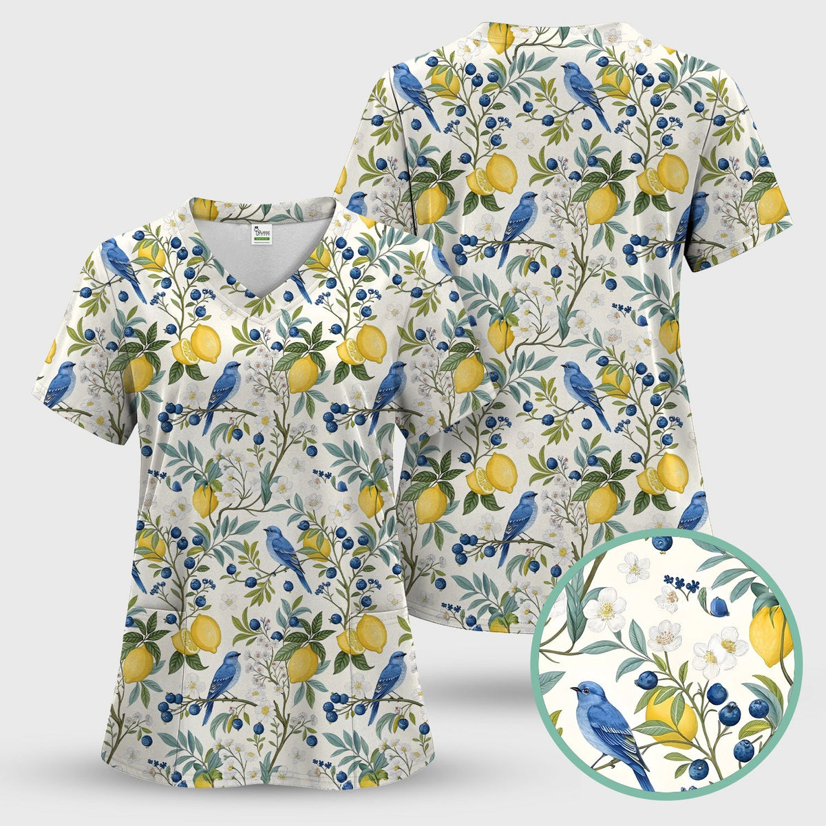 Cute Bluebird Lemon Berry Nurse Scrub Top