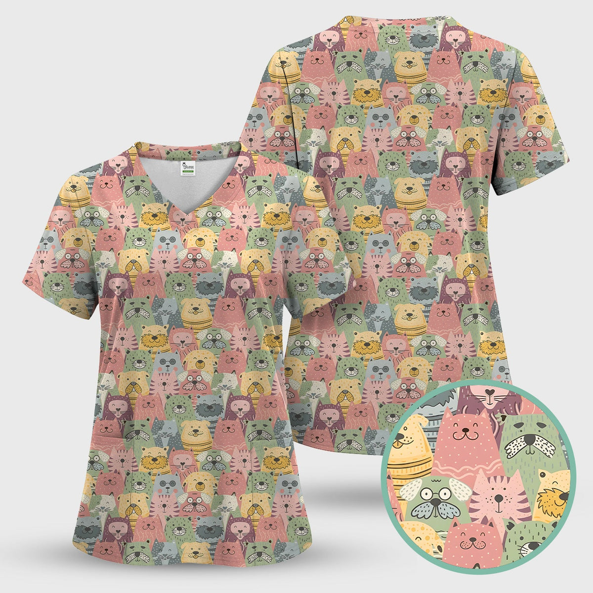Cartoon Cat And Dog Faces Nurse Scrub Top