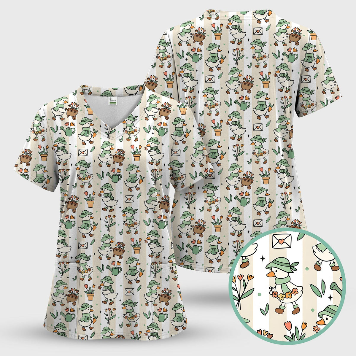 Gardening Duck Floral Nurse Scrub Top