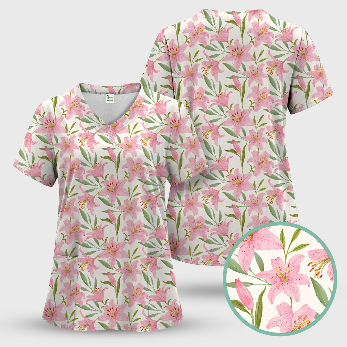 Pink Lily Floral Nurse Scrub Top