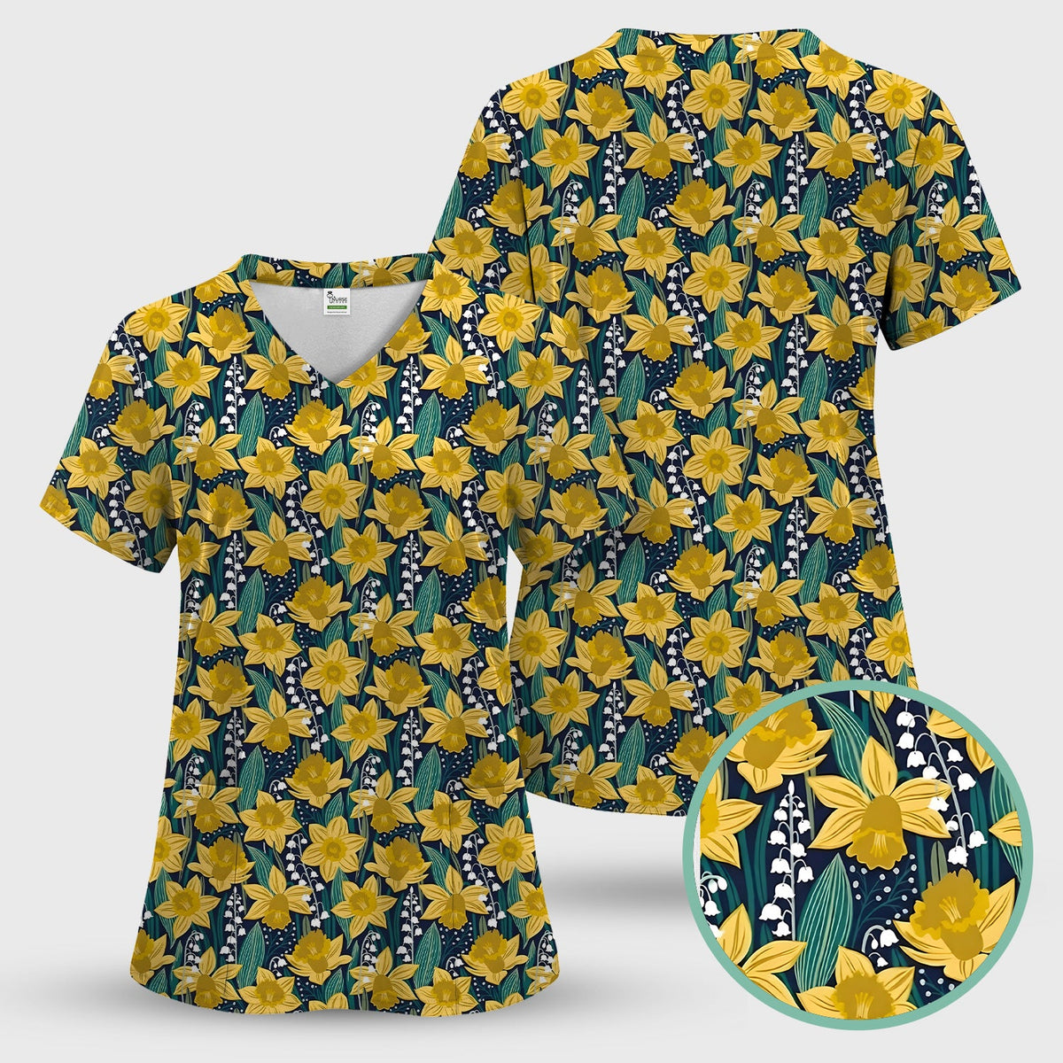 Yellow Daffodil Lily Valley Nurse Scrub Set