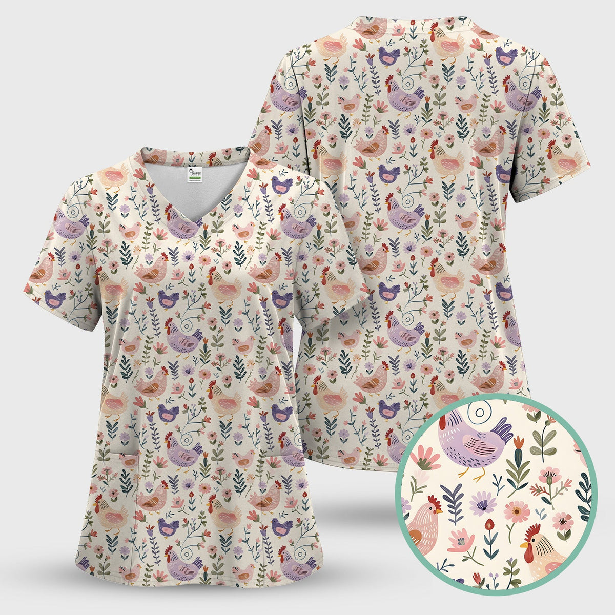 Farm Chicken Floral Garden Nurse Scrub Set