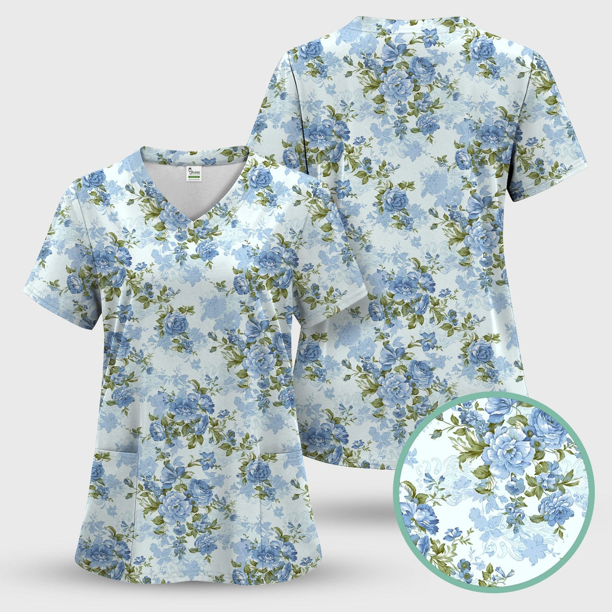 Cute Blue Floral Nurse Scrub Set
